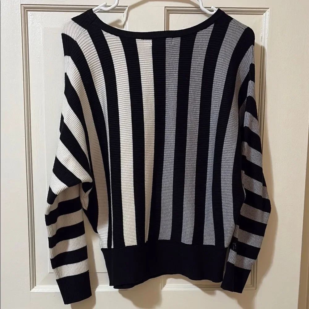 Tahari Black, White & Gray Striped V-Neck Sweater